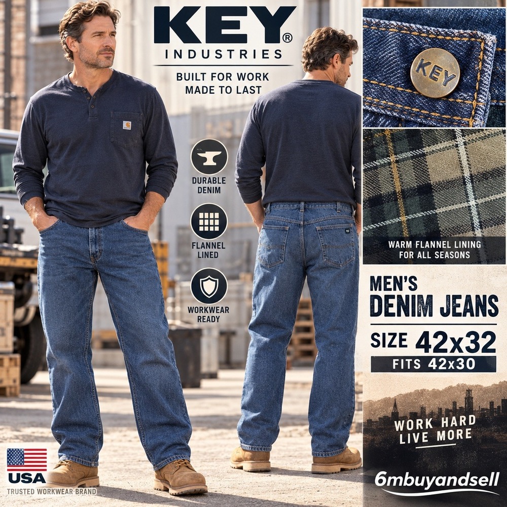 Key Industries Flannel Lined Denim Jeans Mens 42x30 Blue Plaid Lined Work Pants